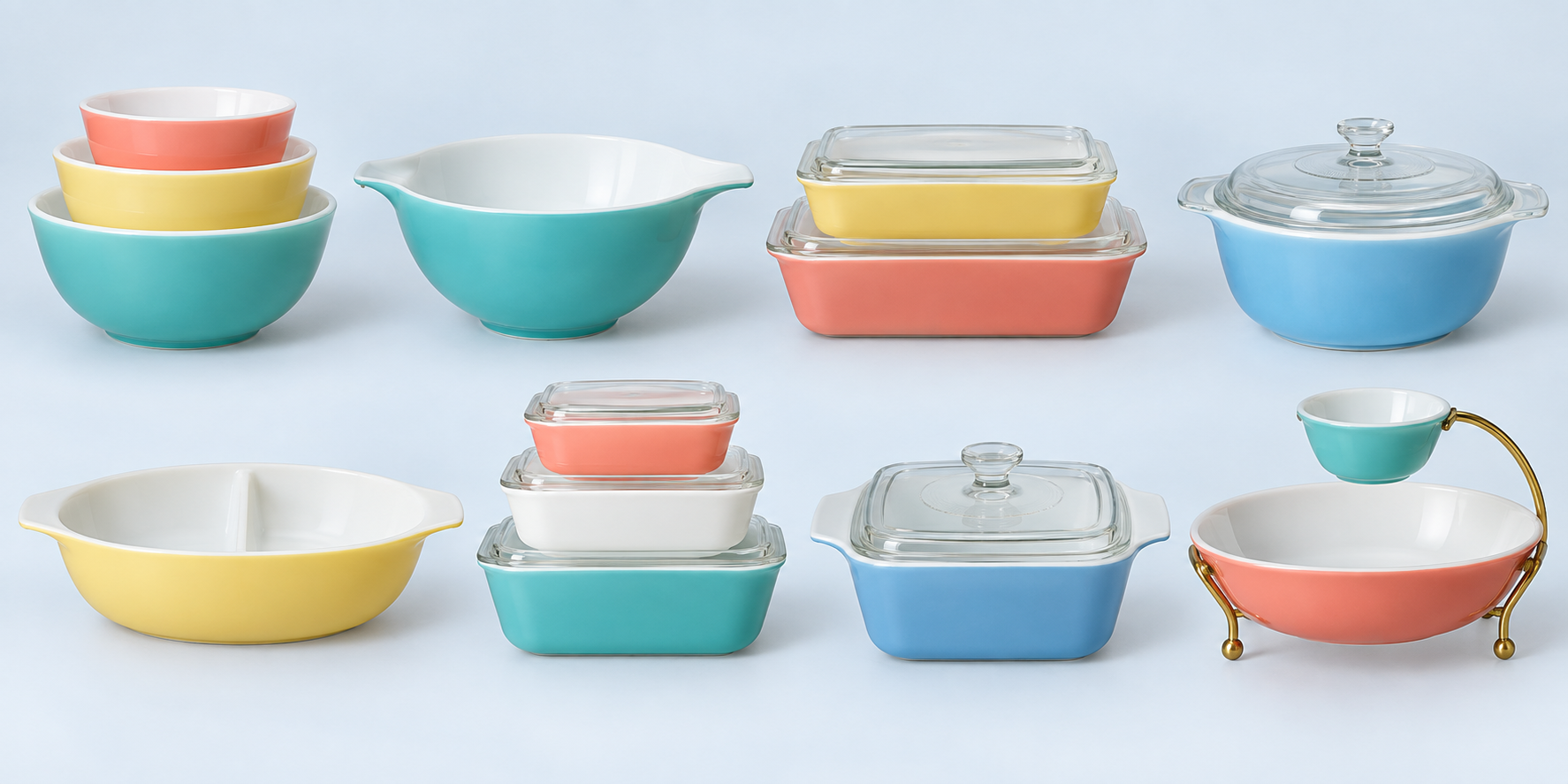 Illustrated lineup of nesting mixing bowls, a Cinderella bowl, refrigerator dishes, round and oval casseroles, a Bake Serve and Store set, a Space Saver casserole and a chip-and-dip set