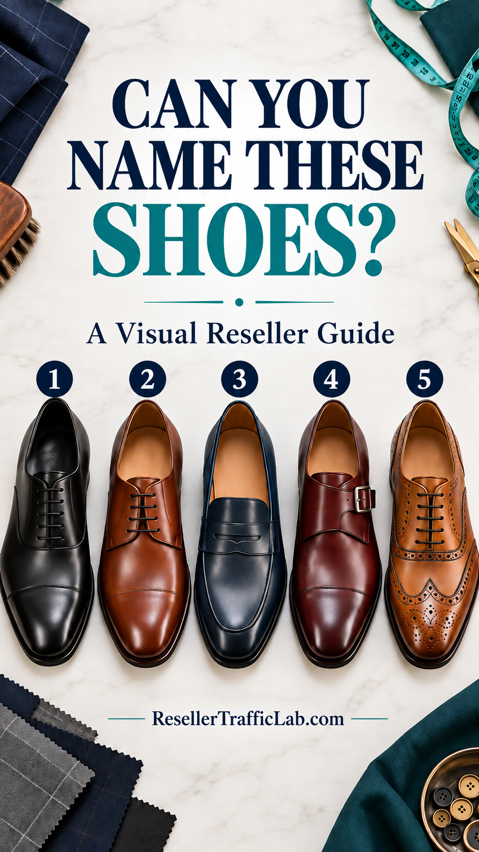 Five numbered men's dress shoes: Oxford, Derby, loafer, monk strap and wingtip