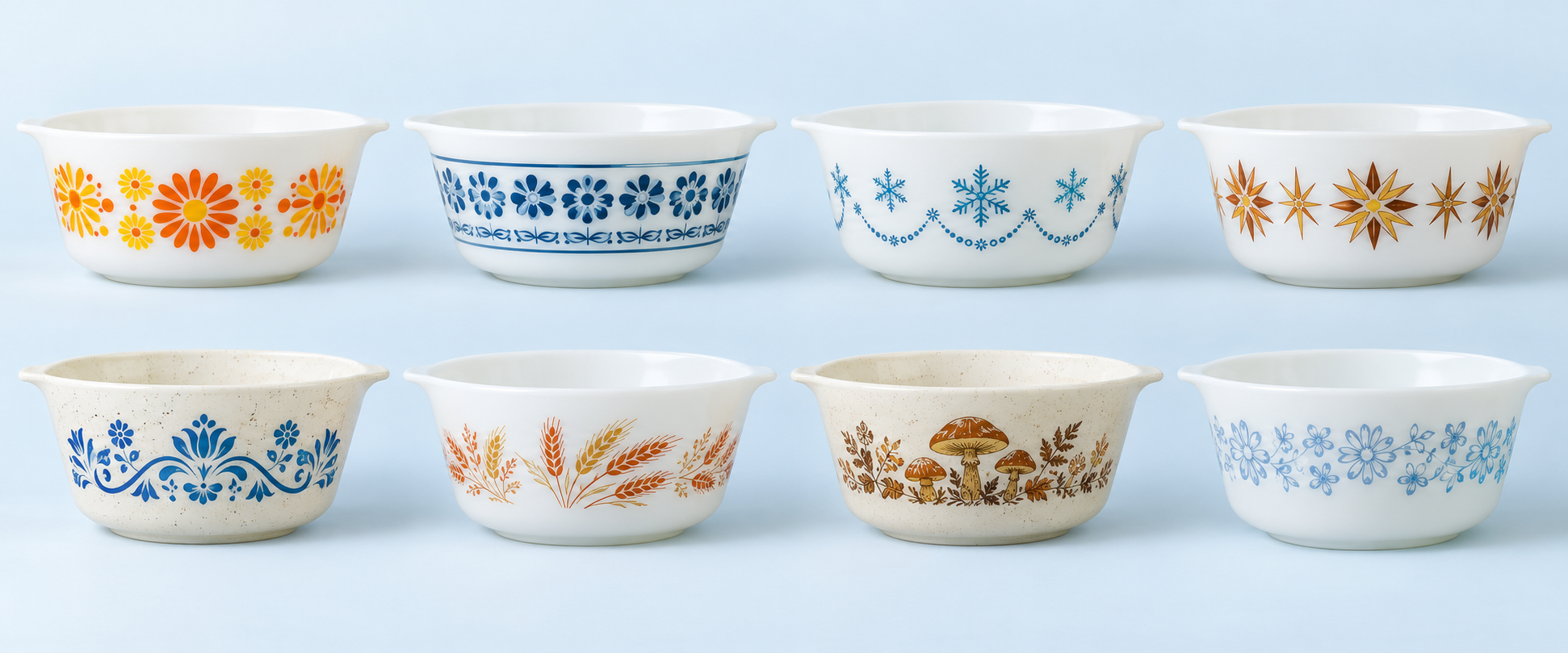 Illustrated examples of Daisy, Horizon Blue, Snowflake Blue, Town and Country, Homestead, Autumn Harvest, Forest Fancies and Colonial Mist pattern families